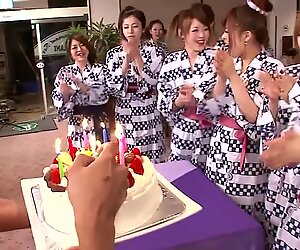 Guys watch as a group of bent over Japanese girls masturbates
